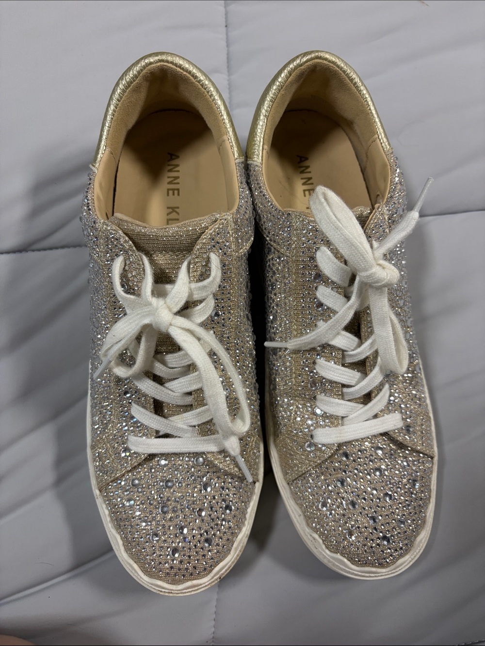 Anne Klein Glitter Crystal Lace-Up Sneakers in Gold and White